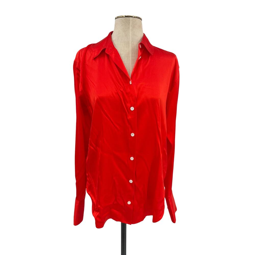 FRAME The Standard Shirt Silk Stretch Button Front Blouse Red Women's Medium - Picture 2 of 11
